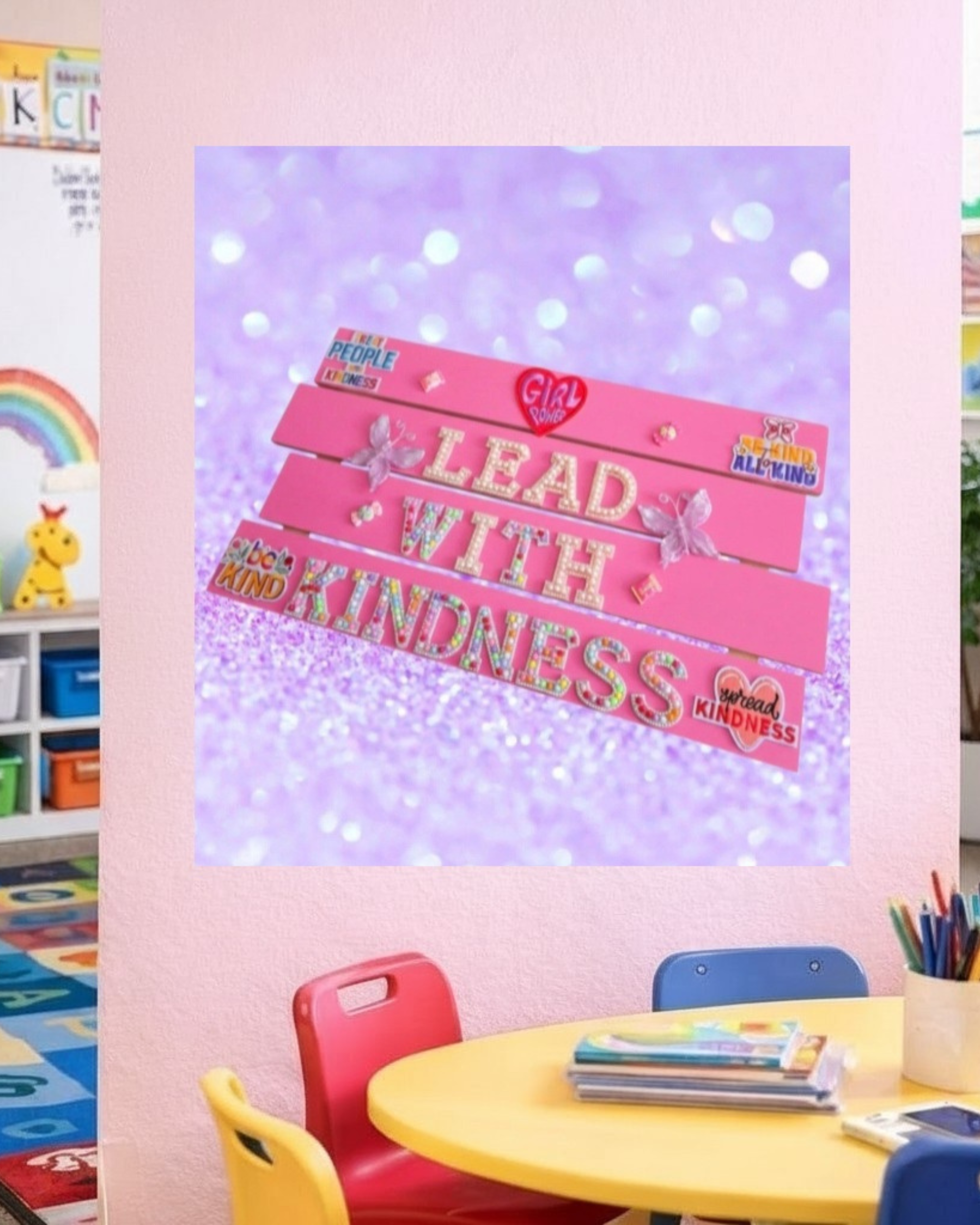 Lead With Kindness Poster – Pink | Kids Room Decor | Positive Affirmation Wall Art | Classroom Decor | Unframed Print